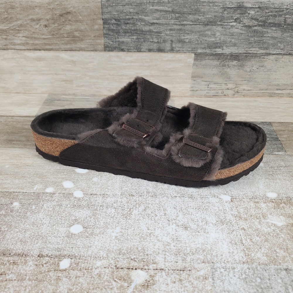 Birkenstock Arizona Shearling Men's Slide Sandal 13 Mocha Suede Adjustable Strap
